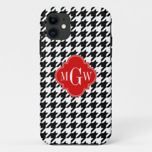Black Wht Houndstooth Red Quatrefoil 3 Monogram iPhone 11 Case