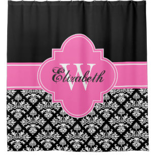 Black Wht LG Damask #3 CB1IR Hot Pink Monogram Shower Curtain