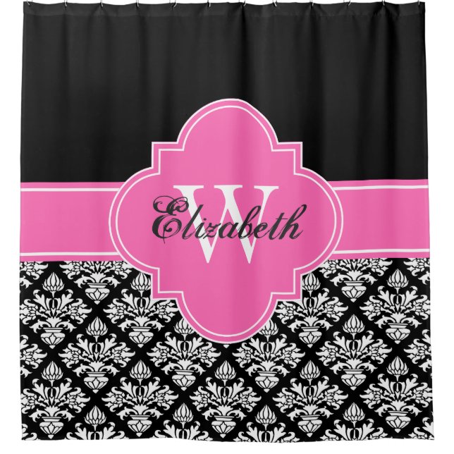 Black Wht LG Damask #3 CB1IR Hot Pink Monogram Shower Curtain (Front)