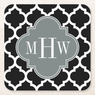 Black Wht Moroccan #5 Charcoal 3 Initial Monogram Square Paper Coaster