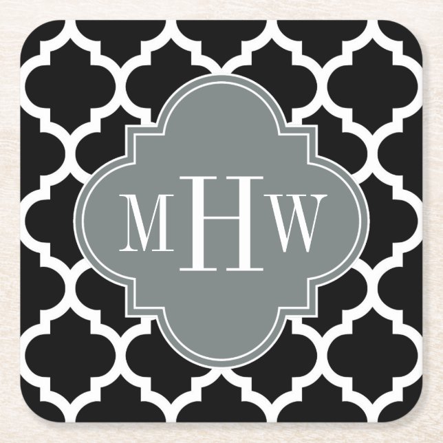 Black Wht Moroccan #5 Charcoal 3 Initial Monogram Square Paper Coaster (Front)