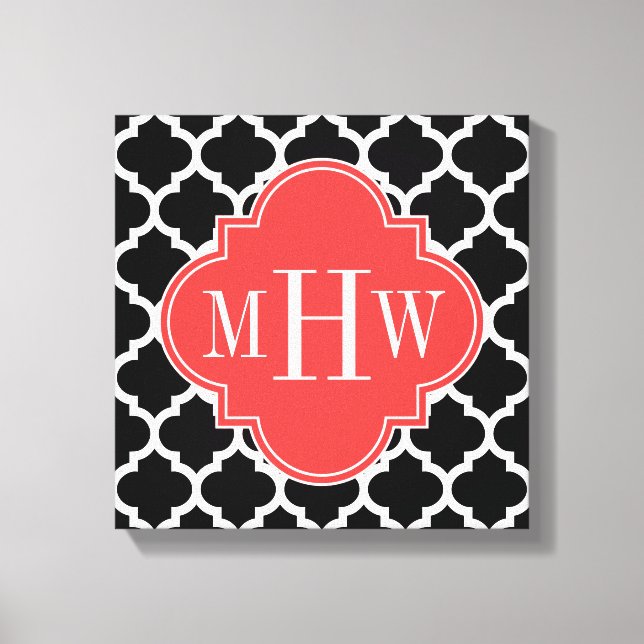 Black Wht Moroccan #5 Coral Red 3 Initial Monogram Canvas Print (Front)