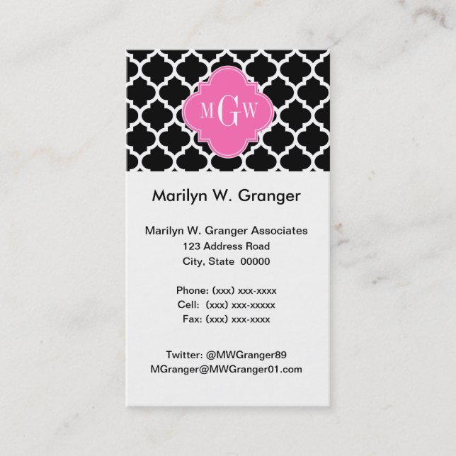 Black Wht Moroccan #5 Hot Pink #2 Name Monogram Business Card (Front)