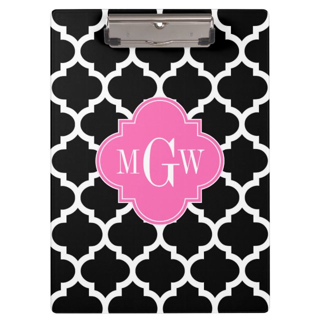 Black Wht Moroccan #5 Hot Pink #2 Name Monogram Clipboard (Front)