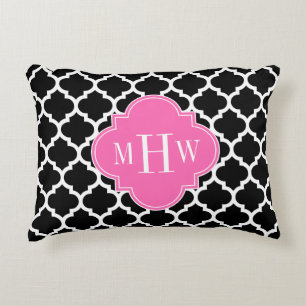 Black Wht Moroccan #5 Hot Pink #2 Name Monogram Decorative Cushion