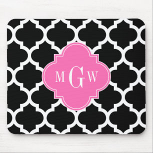 Black Wht Moroccan #5 Hot Pink #2 Name Monogram Mouse Mat