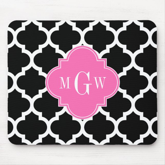 Black Wht Moroccan #5 Hot Pink #2 Name Monogram Mouse Mat (Front)
