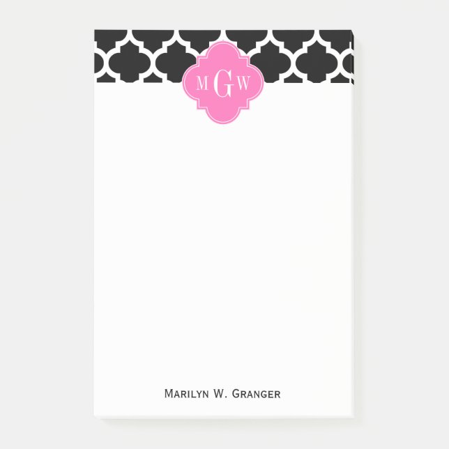 Black Wht Moroccan #5 Hot Pink #2 Name Monogram Post-it Notes (Front)