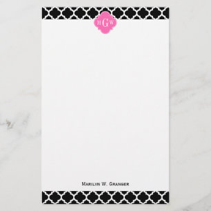 Black Wht Moroccan #5 Hot Pink #2 Name Monogram Stationery