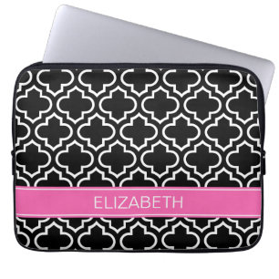 Black Wht Moroccan #6 Hot Pink Name Monogram Laptop Sleeve