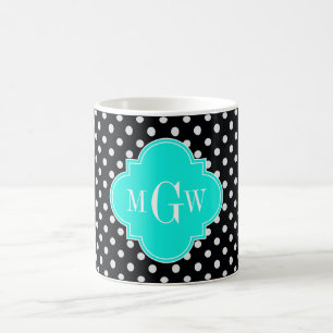 Black Wht Polka Dot Brt Aqua Quatrefoil 3 Monogram Coffee Mug