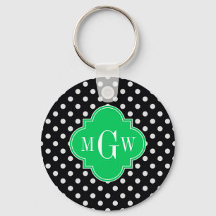 Black Wht Polka Dot Emerald Quatrefoil 3 Monogram Key Ring
