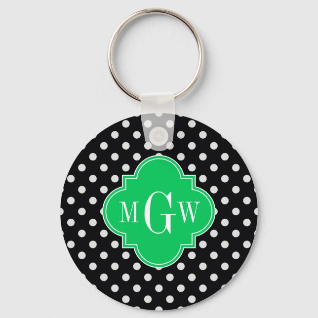 Black Wht Polka Dot Emerald Quatrefoil 3 Monogram Key Ring (Front)