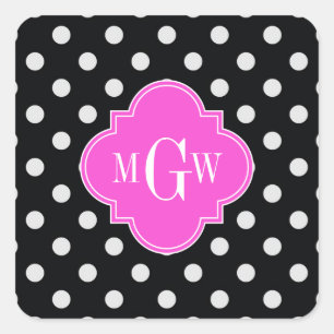 Black Wht Polka Dot Hot Pink Quatrefoil 3 Monogram Square Sticker
