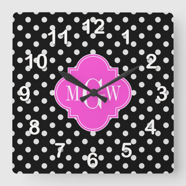 Black Wht Polka Dot Hot Pink Quatrefoil 3 Monogram Square Wall Clock (Front)