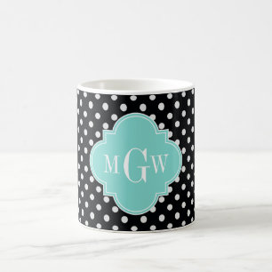 Black Wht Polka Dots Aqua Quatrefoil 3 Monogram Coffee Mug