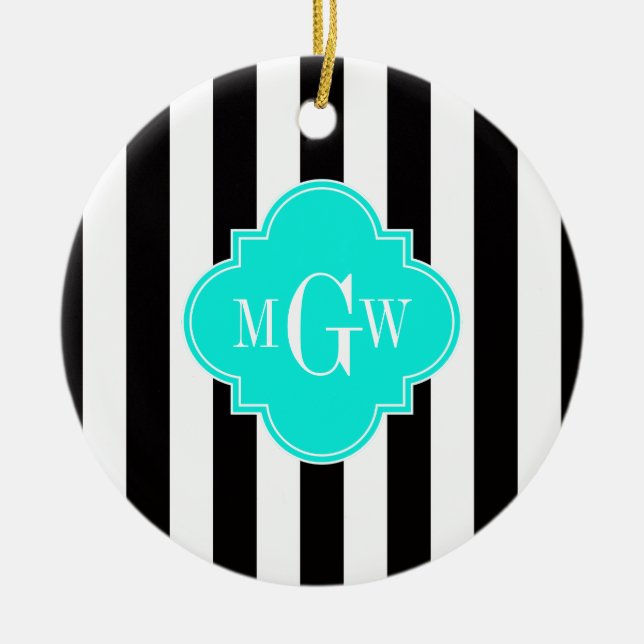 Black Wht Stripe Bright Aqua Quatrefoil 3 Monogram Ceramic Tree Decoration (Front)