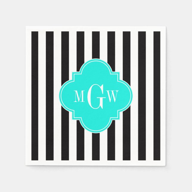 Black Wht Stripe Bright Aqua Quatrefoil 3 Monogram Napkin (Front)