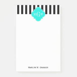 Black Wht Stripe Bright Aqua Quatrefoil 3 Monogram Post-it Notes