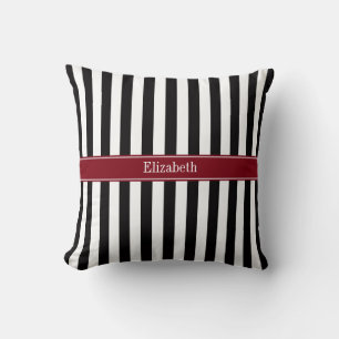 Black Wht Stripe Burgundy Ribbon Name Monogram Cushion
