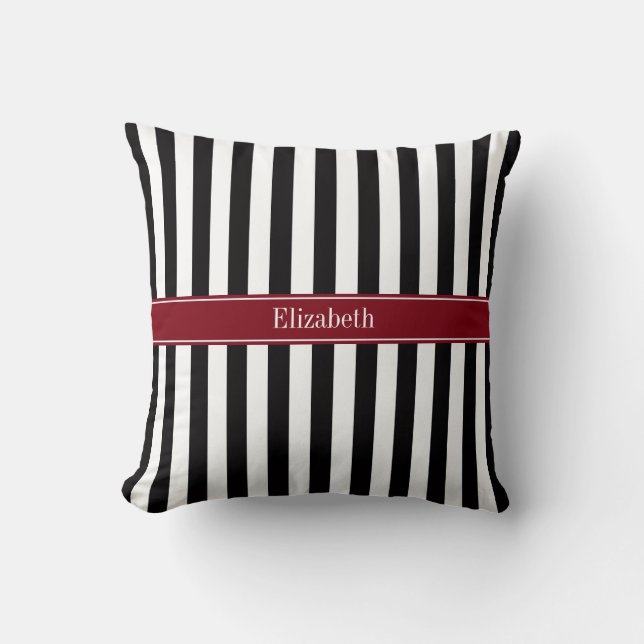 Black Wht Stripe Burgundy Ribbon Name Monogram Cushion (Front)