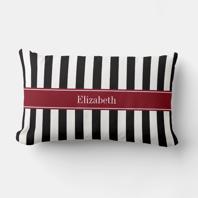 Black Wht Stripe Burgundy Ribbon Name Monogram Lumbar Cushion (Front)