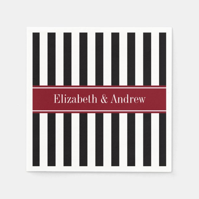 Black Wht Stripe Burgundy Ribbon Name Monogram Napkin (Front)
