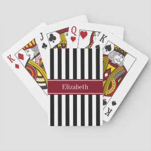 Black Wht Stripe Burgundy Ribbon Name Monogram Playing Cards