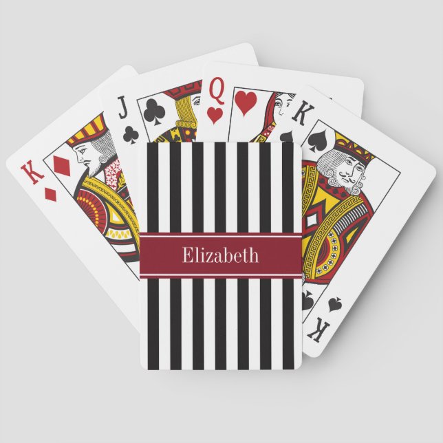 Black Wht Stripe Burgundy Ribbon Name Monogram Playing Cards (Back)