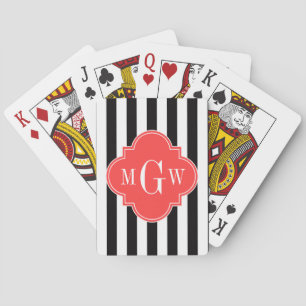 Black Wht Stripe Coral Red Quatrefoil 3 Monogram Playing Cards