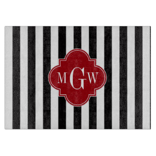 Black Wht Stripe Cranberry Red Square 3 Monogram Cutting Board