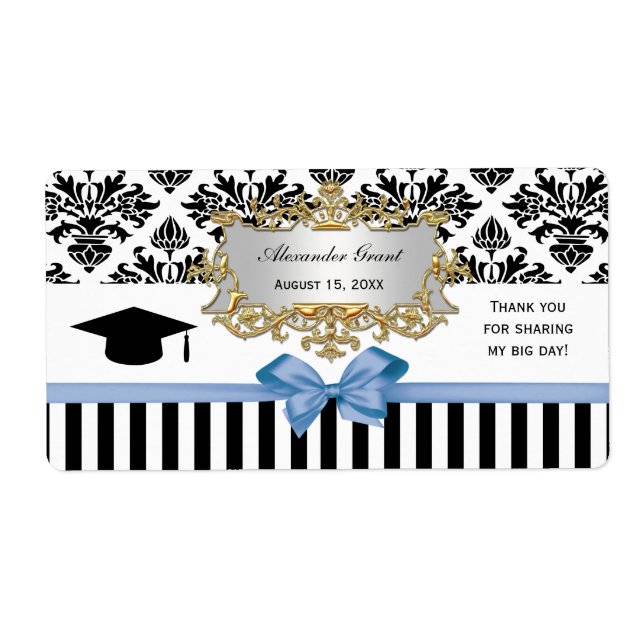 Black Wht Stripe Damask Lt Blue Water Label Grad (Front)