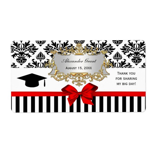 Black Wht Stripe Damask Red Water Label Grad (Front)