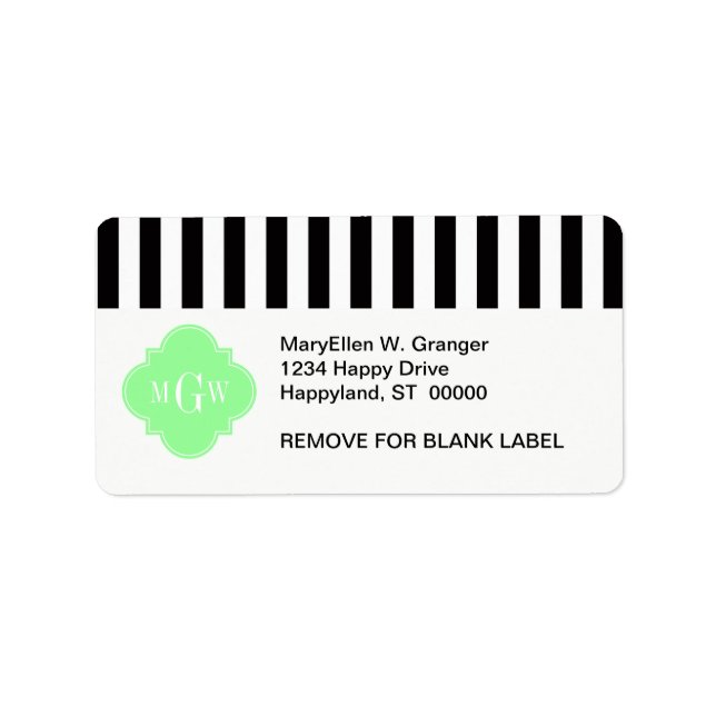 Black Wht Stripe Mint Green Quatrefoil 3 Monogram Label (Front)