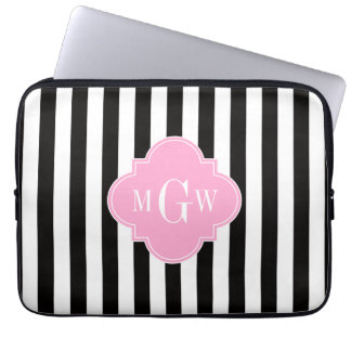 Black Wht Stripe Pink Quatrefoil 3 Monogram Laptop Sleeve