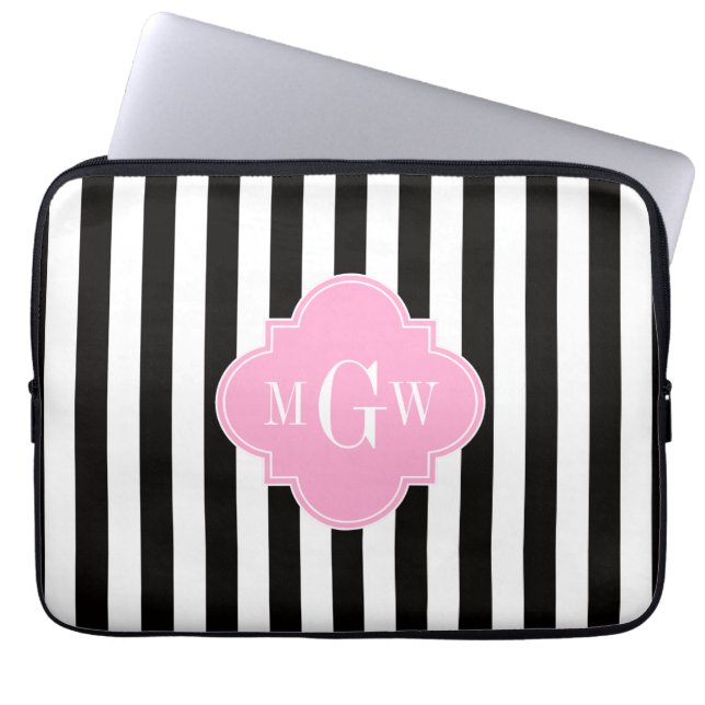 Black Wht Stripe Pink Quatrefoil 3 Monogram Laptop Sleeve (Front)