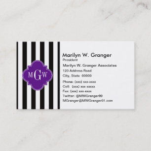 Black Wht Stripe Purple Quatrefoil 3 Monogram Business Card