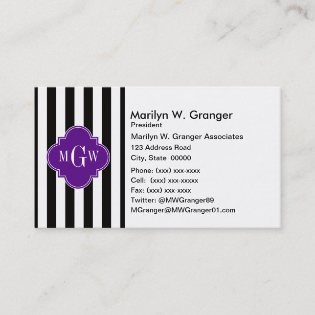 Black Wht Stripe Purple Quatrefoil 3 Monogram Business Card (Front)