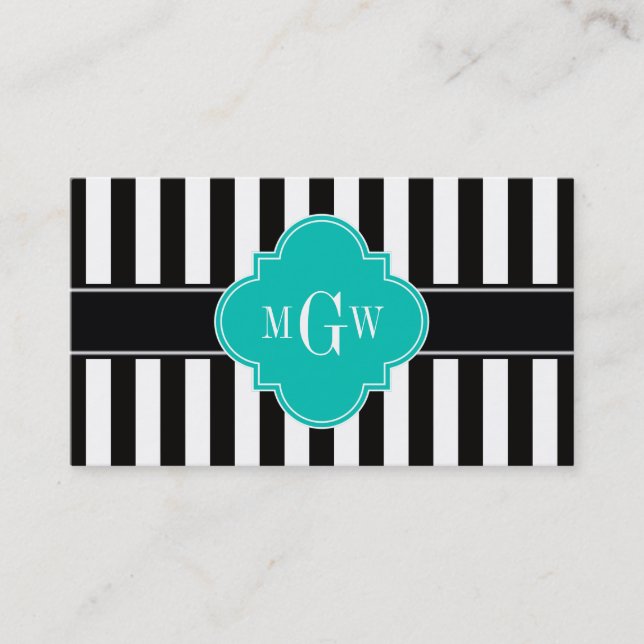 Black Wht Stripe Teal Quatrefoil 3 Monogram Business Card (Front)