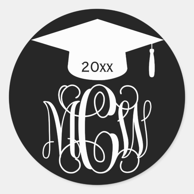 Black Wht Vine Script Monogram Graduation DIY BG Classic Round Sticker (Front)