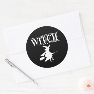 Black Wicked Flying Witch Halloween Classic Round Sticker