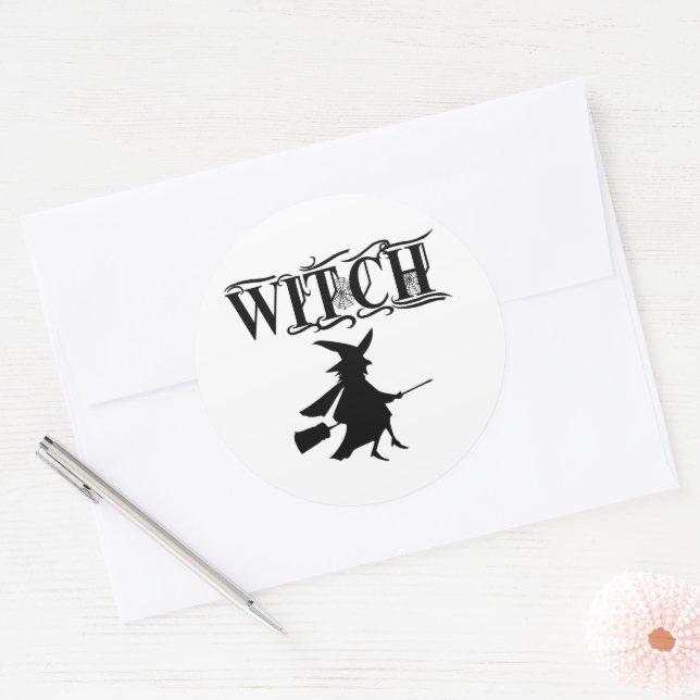 Black Wicked Flying Witch Halloween Classic Round Sticker (Envelope)
