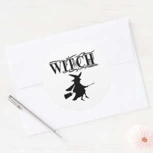 Black Wicked Flying Witch Halloween Classic Round Sticker