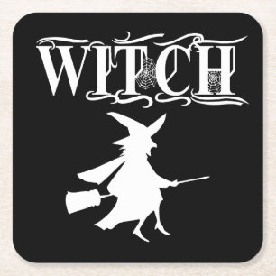 Black Wicked Flying Witch Halloween Square Paper Coaster
