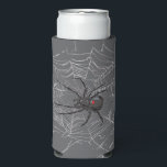Black Widow Spider And Spiderweb Drawing Art<br><div class="desc">Seltzer Can Cooler Koozie Sleeve printed with Black Widow Spider And Spiderweb Drawing Art original hand drawn graphic design artwork illustration by TheFabricSeal print on demand shop at Zazzle.com #ZazzleMade ©️Original. https://www.zazzle.com/store/thefabricseal Celebrate Halloween and Goth any time of the year with our cool looking black coloured with red marking widow...</div>