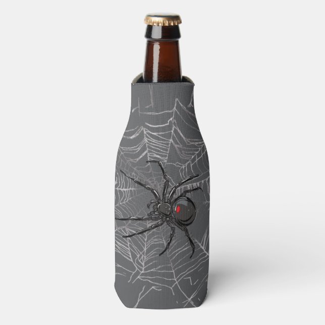 Black Widow Spider And Spiderweb Drawing Art Bottle Cooler (Bottle Front)
