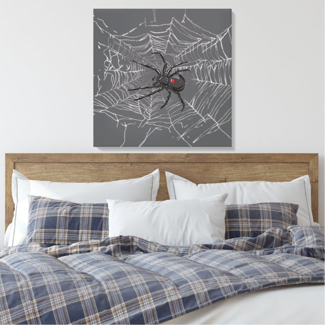 Black Widow Spider And Spiderweb Drawing Art Canvas Print (Insitu(Bedroom))