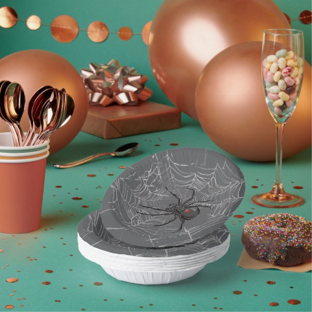 Black Widow Spider And Spiderweb Drawing Art Paper Plate (Multi)