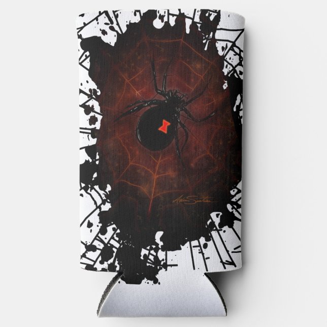 Black Widow Spider Gothic Paint Splatter Web Edgy  Seltzer Can Cooler (Front)