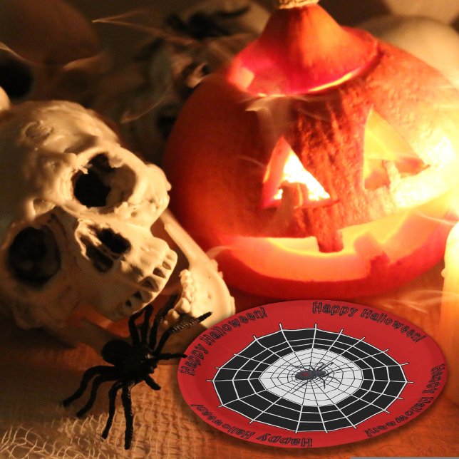 Black Widow Spider Happy Halloween Party Paper Plate (Creator Uploaded)